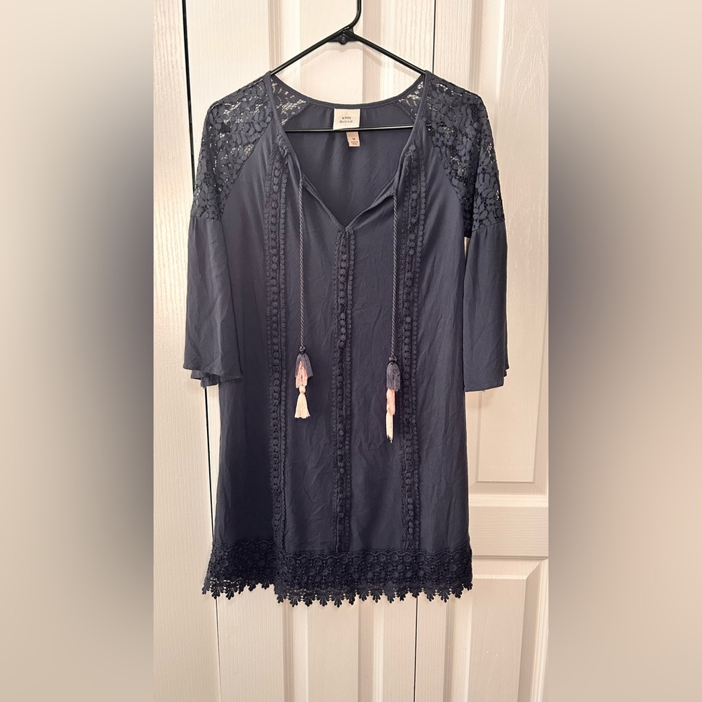 Knox Rose Women’s Medium‎ Blue Long Sleeve Lace Trim Peasant Dress Tassels Lined